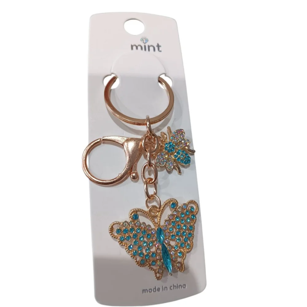 Beautiful Lt.Blue Rhinestone Butterfly Bumblebee Gold Tone Keychain Purse Charm